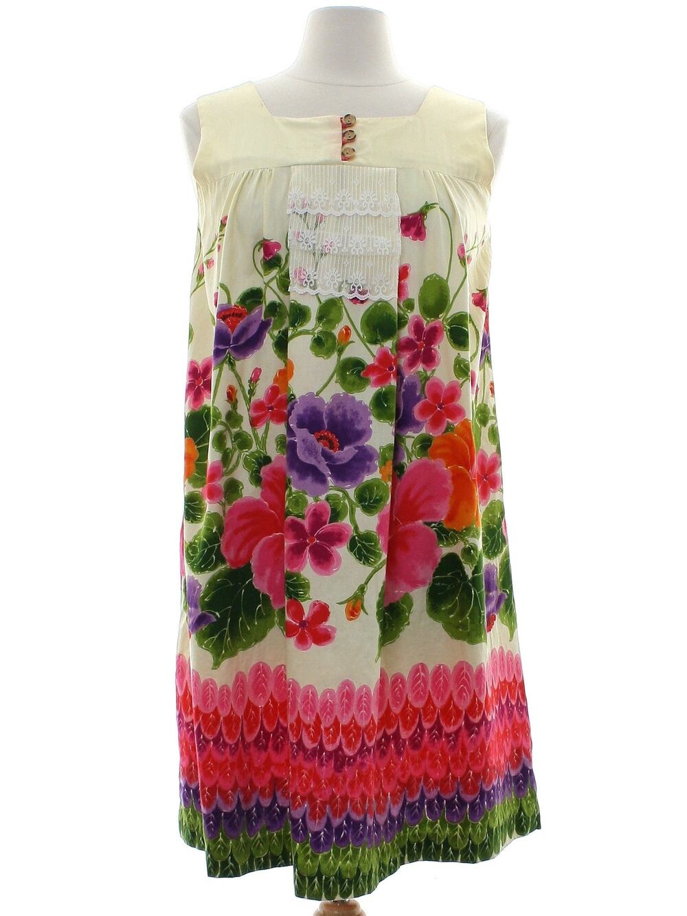 Vintage 60s Ui Maikai Hawaiian Muumuu Floral Cotton Dress Women's Small